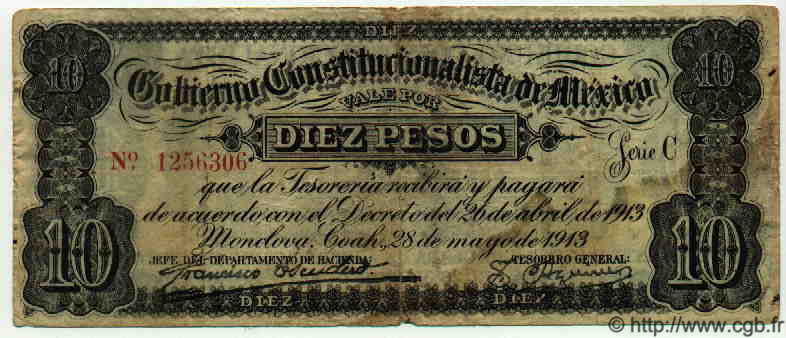 10 Pesos MEXICO Monclova 1913 PS.0629 fS to S