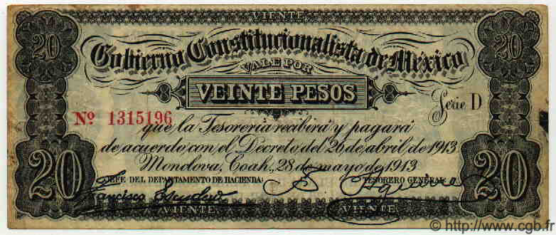 20 Pesos MEXICO Monclova 1913 PS.0632c MBC