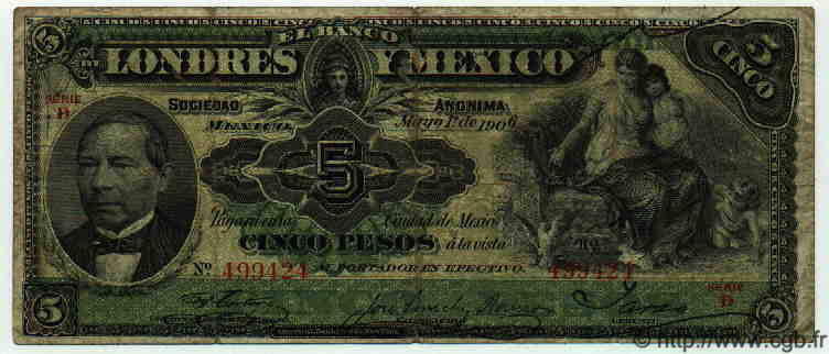 5 Pesos MEXICO  1906 PS.0233c VG