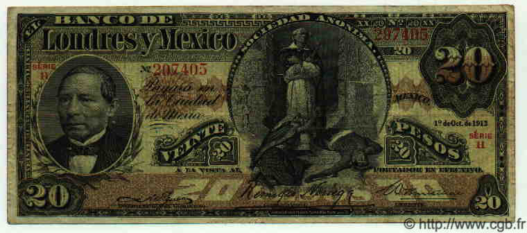 20 Pesos MEXICO  1913 PS.0235d S to SS