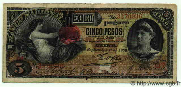 5 Pesos MEXICO  1909 PS.0257c MB
