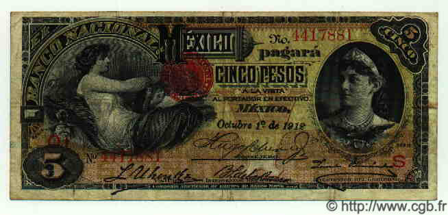 5 Pesos MEXICO  1912 PS.0257c BC+