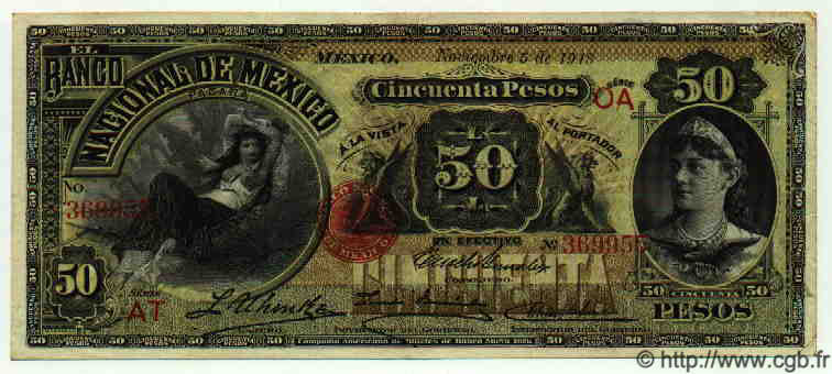 50 Pesos MEXICO  1913 PS.0260d MBC+