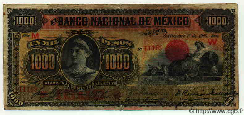 1000 Pesos MEXICO  1909 PS.0263a q.MB