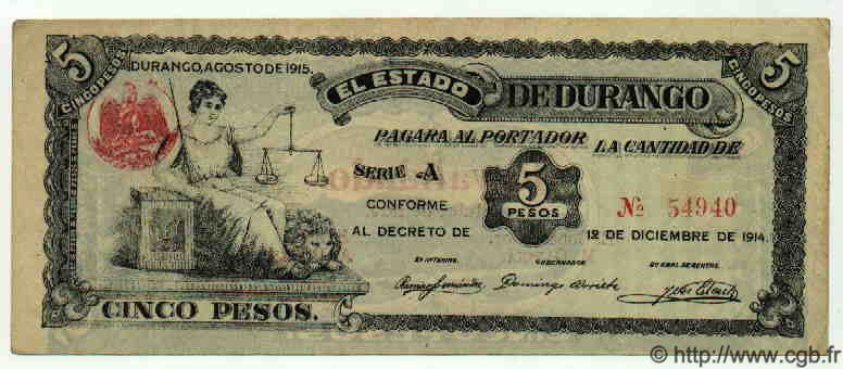 5 Pesos MEXICO  1915 PS.0746b AU