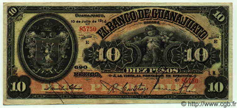 10 Pesos MEXICO Guanajuato 1914 PS.0290c BB to SPL