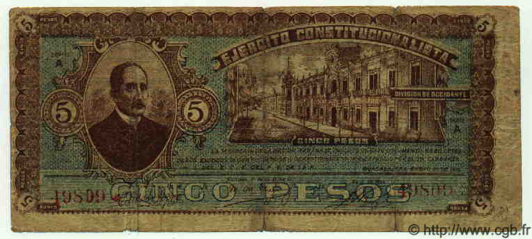 5 Pesos MEXICO Guadalajara 1915 PS.0861 VG
