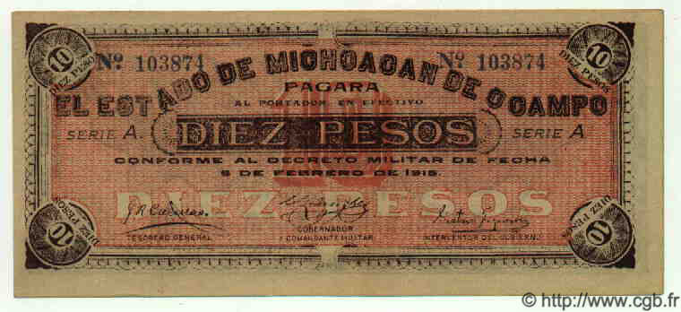 10 Pesos MEXICO Morelia 1915 PS.0883a fST