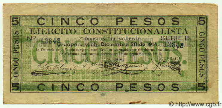 5 Pesos MEXICO Uruapan 1914 PS.0898 BC+