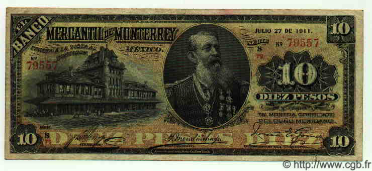 10 Pesos MEXICO Monterrey 1911 PS.0353Ab MBC