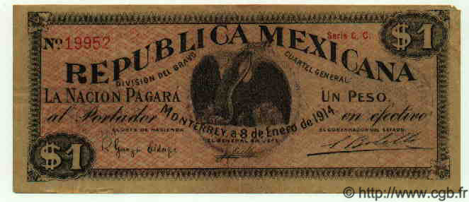 1 Peso MEXICO Monterrey 1914 PS.0937 SS