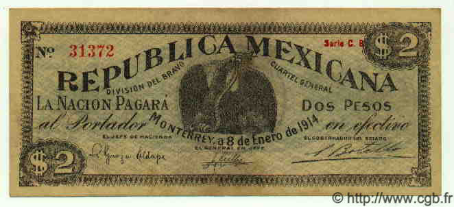 2 Pesos MEXICO Monterrey 1914 PS.0938 XF