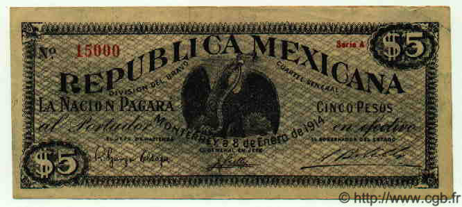 5 Pesos MEXICO Monterrey 1914 PS.0939 q.SPL a SPL