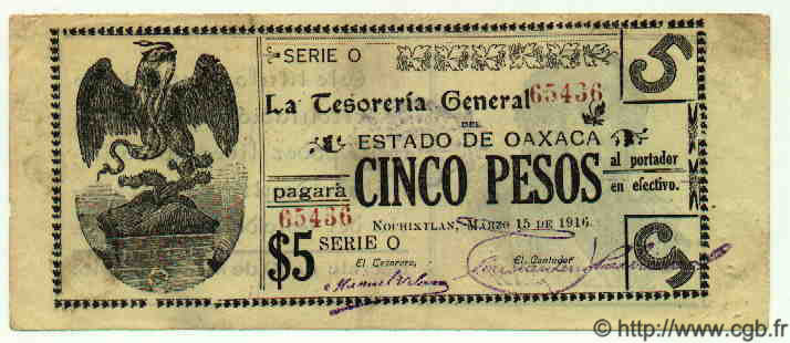 5 Pesos MEXICO Nochixtlan 1916 PS.0949a VF+