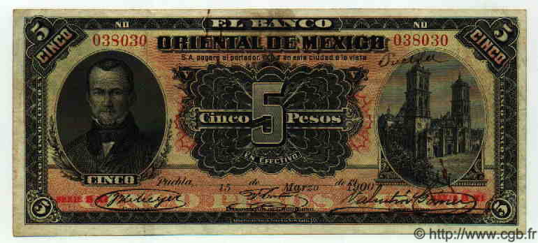 5 Pesos MEXICO Puebla 1900 PS.0381a BC+