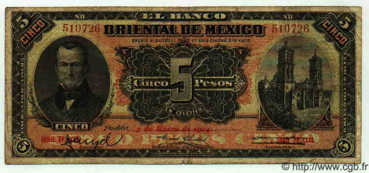 5 Pesos MEXICO Puebla 1914 PS.0381c RC+ a BC
