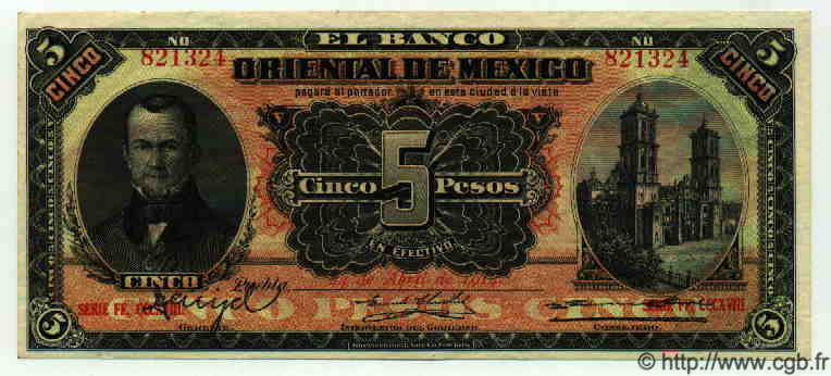 5 Pesos MEXICO Puebla 1914 PS.0381c XF
