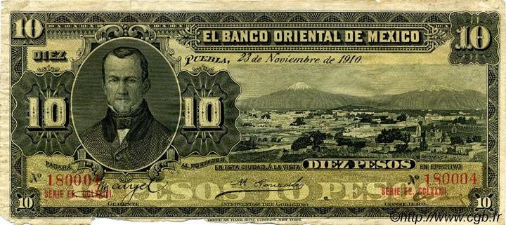 10 Pesos MEXICO Puebla 1910 PS.0382c fS