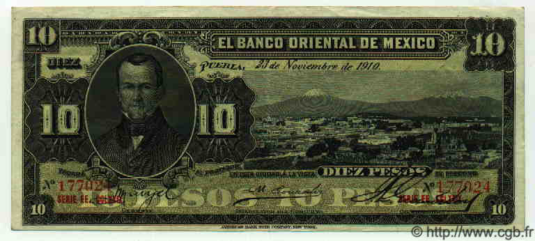 10 Pesos MEXICO Puebla 1910 PS.0382c VF+
