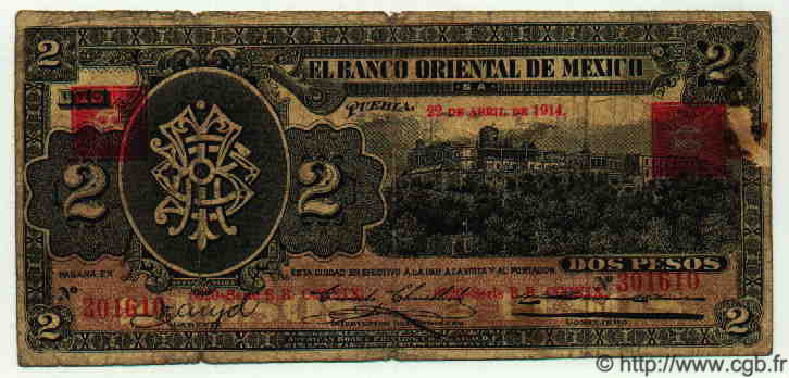 2 Pesos MEXICO Puebla 1914 PS.0389b SGE