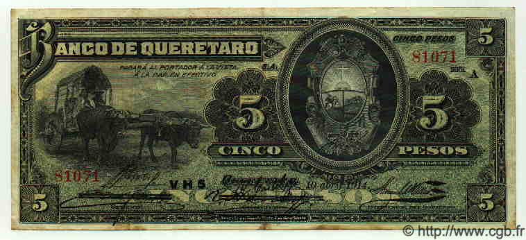 5 Pesos MEXICO Queretaro 1914 PS.0390b VF+