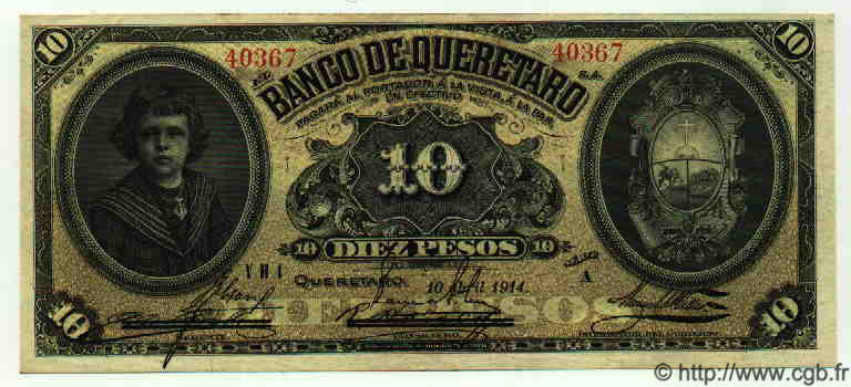 10 Pesos MEXICO Queretaro 1914 PS.0391b MBC+