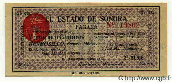25 Centavos MEXICO Hermosillo 1913 PS.1064b FDC