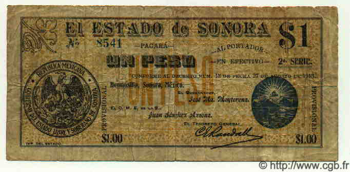 1 Peso MEXICO Hermosillo 1913 PS.1066a VG