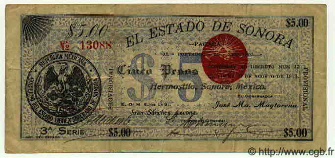 5 Pesos MEXICO Hermosillo 1913 PS.1067d VF-