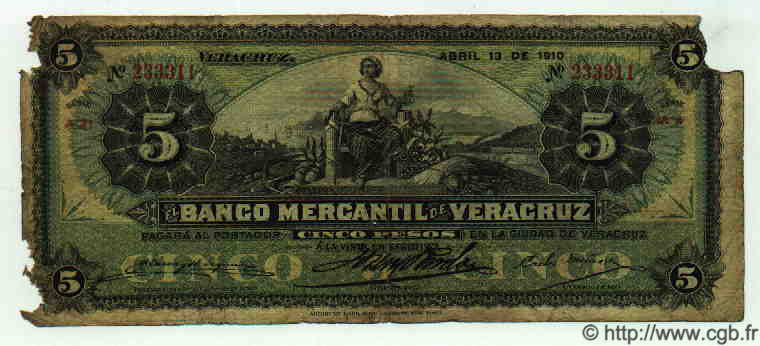 5 Pesos MEXICO Veracruz 1910 PS.0437c q.B