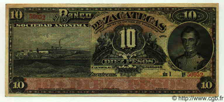 10 Pesos MEXICO Zacatecas 1915 PS.0476f VF+