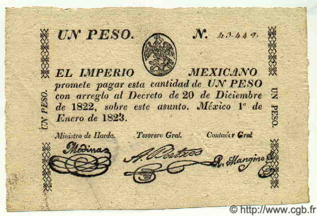 1 Peso Annulé MEXICO  1823 P.001b EBC