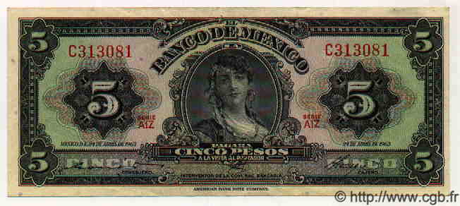 5 Pesos MEXICO  1963 P.714Ah XF