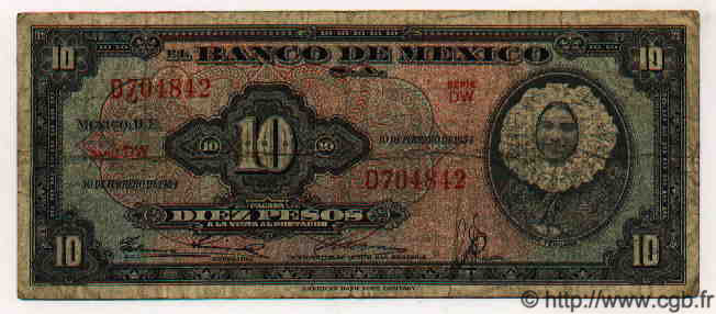 10 Pesos MEXICO  1954 P.058a RC+