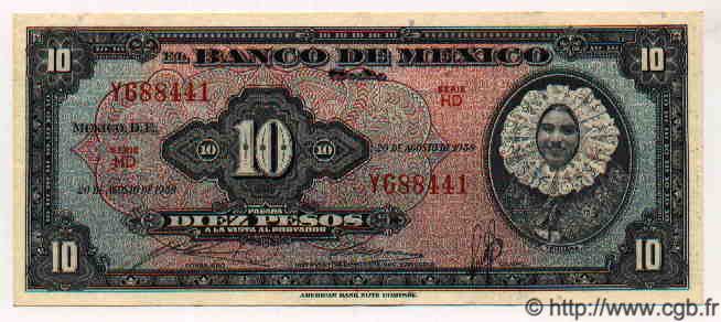 10 Pesos MEXICO  1958 P.716e MBC+ a EBC