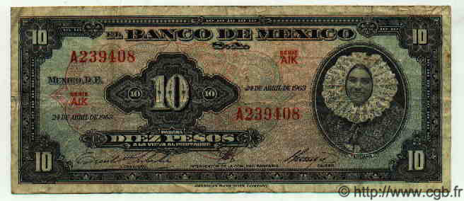 10 Pesos MEXIQUE  1963 P.716j TB