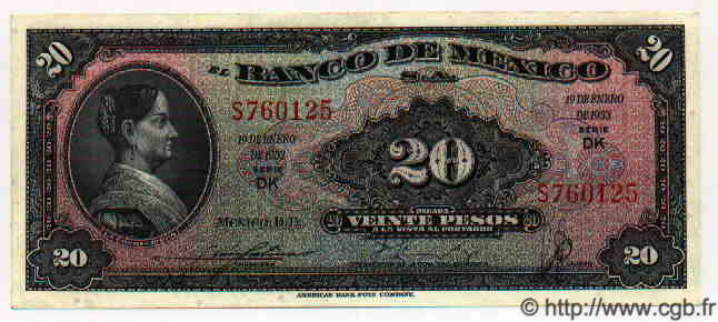 20 Pesos MEXICO  1953 P.717Cb SC