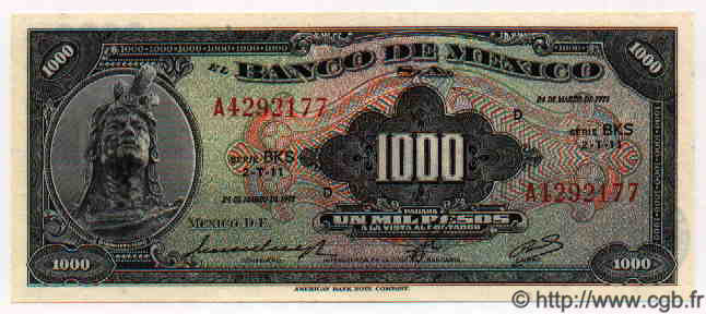 1000 Pesos MEXICO  1971 P.721Bo FDC