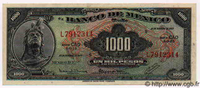 1000 Pesos MEXICO  1977 P.721Bt XF+