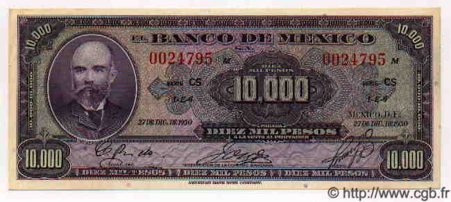 10000 Pesos MEXICO  1950 P.722b UNC-