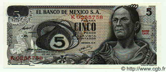 5 Pesos MEXICO  1971 P.723b UNC