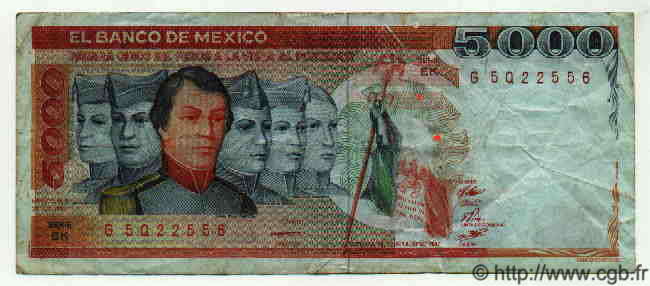 5000 Pesos MEXICO  1983 P.741 BC+