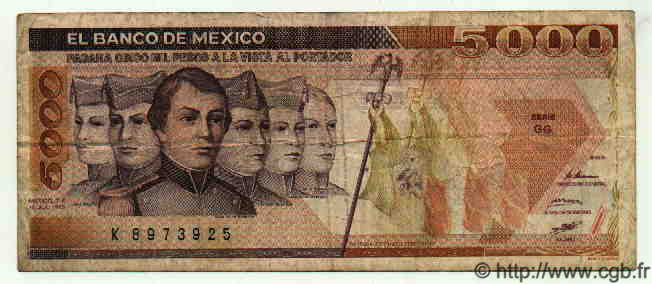 5000 Pesos MEXICO  1985 P.746a F+