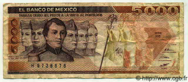5000 Pesos MEXICO  1987 P.746b BC+