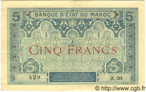 5 Francs MAROKKO  1921 P.08 fVZ