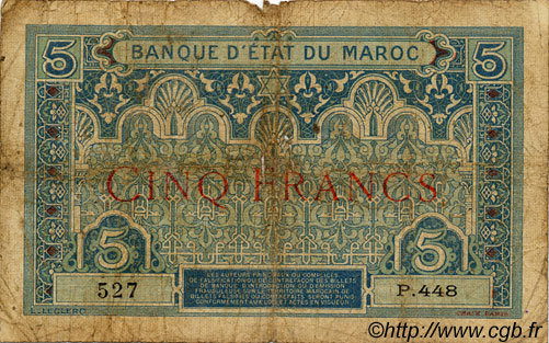 5 Francs MARUECOS  1925 P.08 RC+