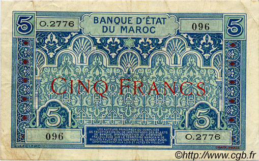 5 Francs MAROC  1930 P.09 TTB