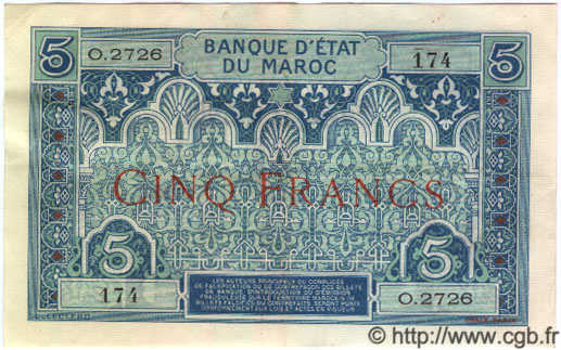5 Francs MOROCCO  1930 P.09 XF