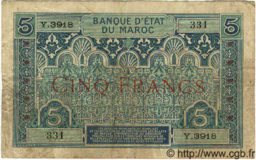 5 Francs MARUECOS  1934 P.09 BC