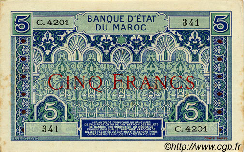 5 Francs MOROCCO  1942 P.09 XF-